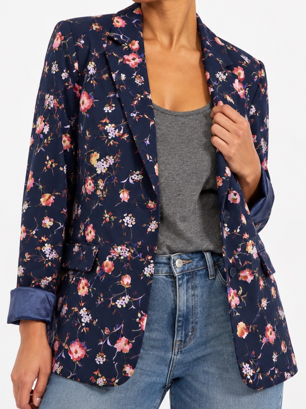 Isaac Mizrahi Foil Printed Scuba Blazer Navy‎ with Pink Floral Accents Large